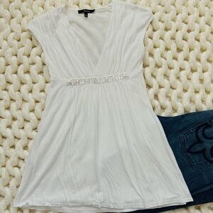 White V-Neck Dress with Embellished Waist